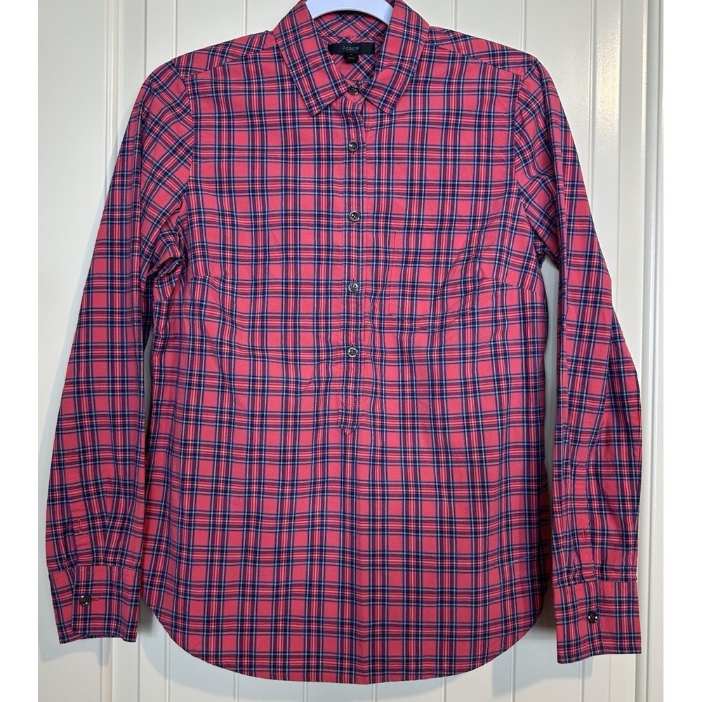 J. Crew Red Tartan Popover Shirt Long Sleeve Womens Size 4 cotton preppy Holiday